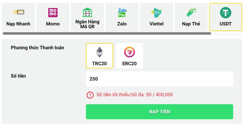 Hướng Dẫn Nạp Tiền Betvisa Bằng Nhiều Phương Thức 5 Nạp tiền bằng tiền điện tử USDT (TRC20/ ERC20)